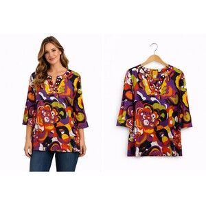 Ruby Rd Linen Blend Top Tunic Size 14 Vibrant Floral Jeweled 3/4 Sleeve